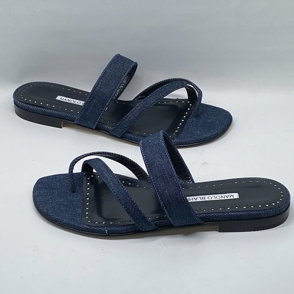 Manolo Blahnik Susaperf Cotton Flat Sandals size 37 - Picture 6 of 13